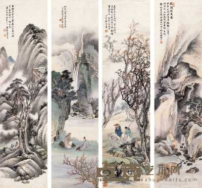 冯超然 樊浩霖 张谷年 朱鼎 己巳（1929年）、庚午（1930年）作 山水人物图 四屏片 133×33cm×4